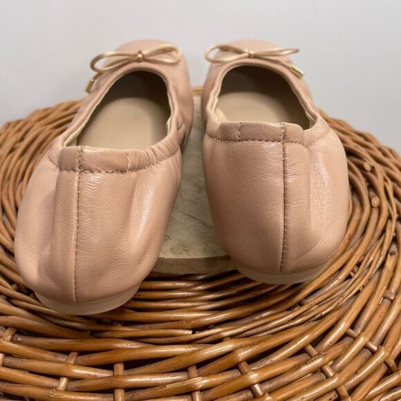 Stuart Weitzman Bardot Leather Ballet Flats Square Toe Bow Tan Nude Neutral 7 - Picture 2 of 8